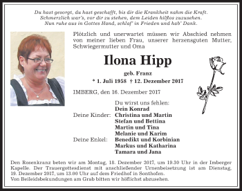 Traueranzeige von Ilona Hipp von Allgäuer Anzeigeblatt