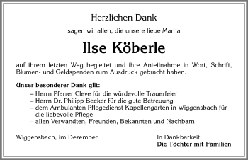 Traueranzeige von Ilse Köberle von Allgäuer Zeitung,Kempten