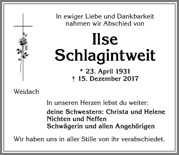 Traueranzeige von Ilse Schlagintweit von Allgäuer Zeitung,Kempten