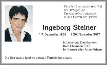 Traueranzeige von Ingeborg Steiner von Allgäuer Zeitung, Kaufbeuren/Buchloe