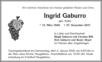 Traueranzeige von Ingrid Gaburro von Allgäuer Zeitung, Kaufbeuren/Buchloe