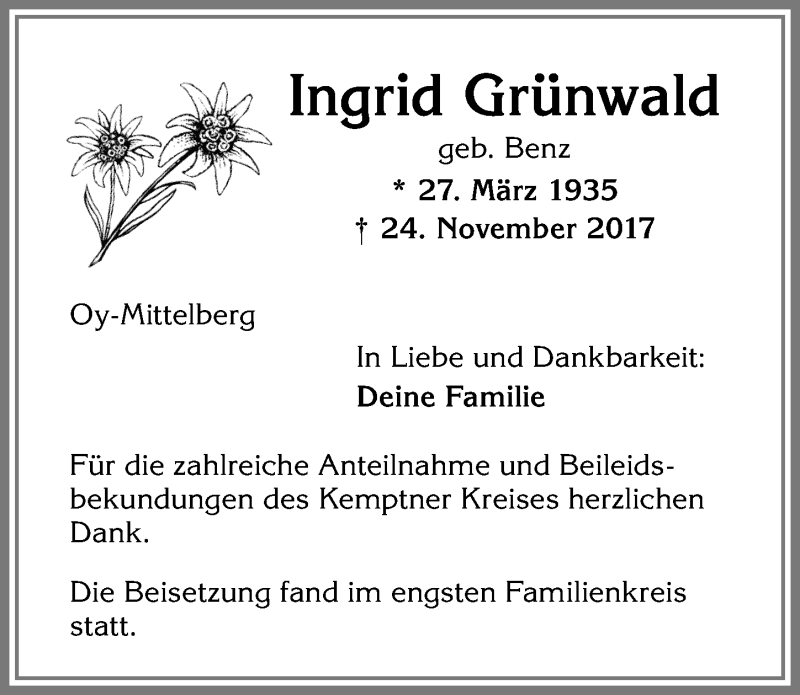  Traueranzeige für Ingrid Grünwald vom 01.12.2017 aus Allgäuer Zeitung,Kempten
