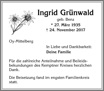 Traueranzeige von Ingrid Grünwald von Allgäuer Zeitung,Kempten