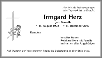 Traueranzeige von Irmgard Herz von Allgäuer Zeitung,Kempten
