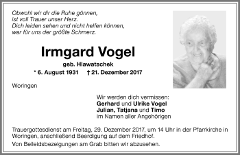 Traueranzeige von Irmgard Vogel von Memminger Zeitung