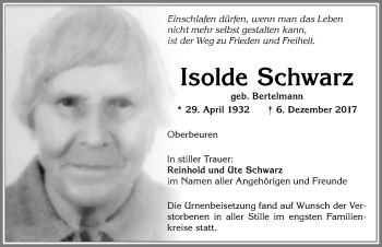 Traueranzeige von Isolde Schwarz von Allgäuer Zeitung, Kaufbeuren/Buchloe