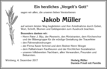Traueranzeige von Jakob Müller von Allgäuer Zeitung, Marktoberdorf