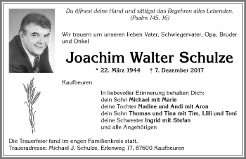 Traueranzeige von Joachim Walter Schulze von Allgäuer Zeitung, Kaufbeuren/Buchloe
