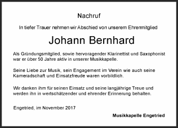 Traueranzeige von Johann Bernhard von Memminger Zeitung