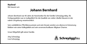 Traueranzeige von Johann Bernhard von Allgäuer Zeitung