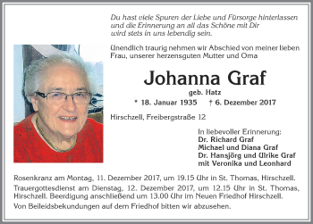 Traueranzeige von Johanna Graf von Allgäuer Zeitung, Kaufbeuren/Buchloe