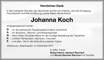 Traueranzeige von Johanna Koch von Memminger Zeitung