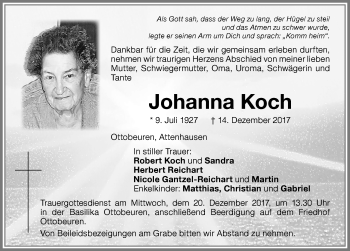 Traueranzeige von Johanna Koch von Memminger Zeitung