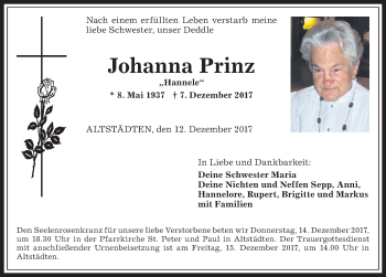 Traueranzeige von Johanna Prinz von Allgäuer Anzeigeblatt