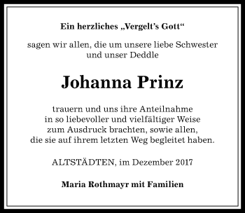 Traueranzeige von Johanna Prinz von Allgäuer Anzeigeblatt