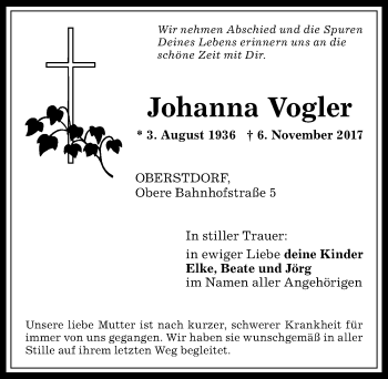 Traueranzeige von Johanna Vogler von Allgäuer Anzeigeblatt
