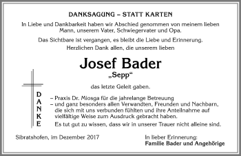 Traueranzeige von Josef Bader von Allgäuer Zeitung,Kempten