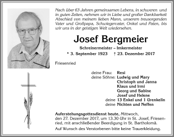 Traueranzeige von Josef Bergmeier von Allgäuer Zeitung, Kaufbeuren/Buchloe