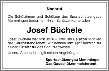 Traueranzeige von Josef Büchele von Memminger Zeitung
