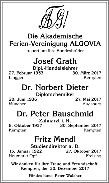 Traueranzeige von Josef Grath von Allgäuer Zeitung,Kempten