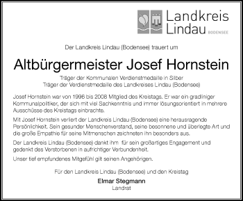 Traueranzeige von Josef Hornstein von Der Westallgäuer