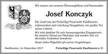 Traueranzeige von Josef Konczyk von Allgäuer Zeitung, Kaufbeuren/Buchloe