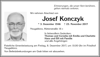 Traueranzeige von Josef Konczyk von Allgäuer Zeitung, Kaufbeuren/Buchloe