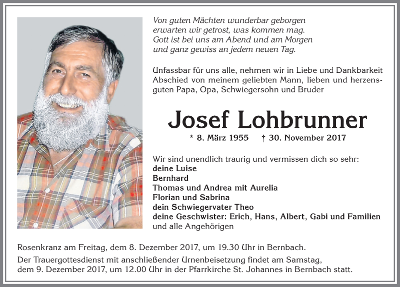  Traueranzeige für Josef Lohbrunner vom 07.12.2017 aus Allgäuer Zeitung, Marktoberdorf