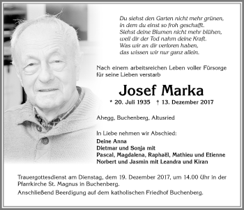 Traueranzeige von Josef Marka von Allgäuer Zeitung,Kempten