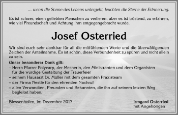 Traueranzeige von Josef Osterried von Allgäuer Zeitung, Kaufbeuren/Buchloe