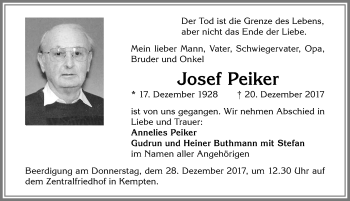 Traueranzeige von Josef Peiker von Allgäuer Zeitung,Kempten