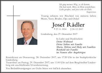 Traueranzeige von Josef Rädler von Der Westallgäuer