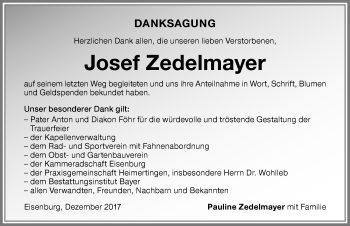 Traueranzeige von Josef Zedelmayer von Memminger Zeitung