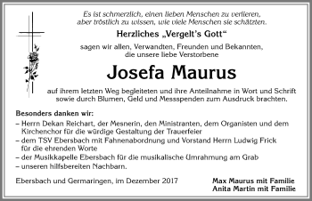 Traueranzeige von Josefa Maurus von Allgäuer Zeitung, Marktoberdorf