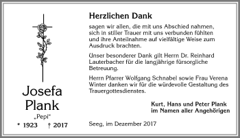 Traueranzeige von Josefa Plank von Allgäuer Zeitung, Füssen