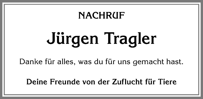  Traueranzeige für Jürgen Tragler vom 30.12.2017 aus Allgäuer Zeitung, Füssen