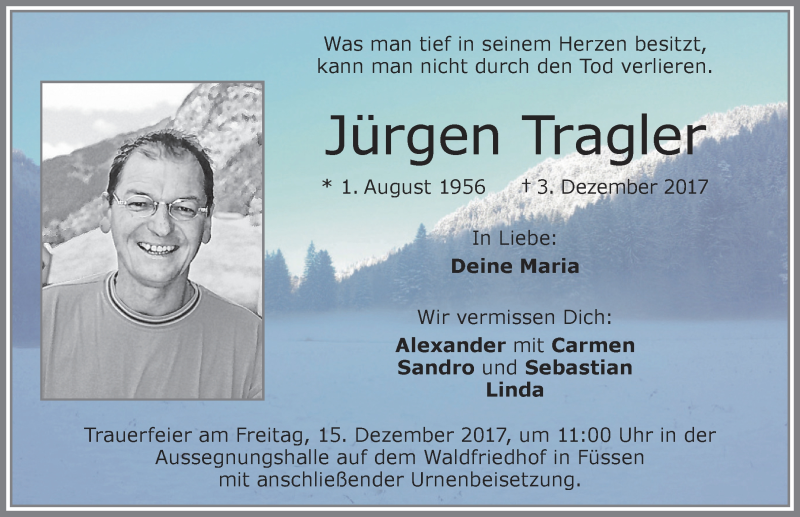 Traueranzeige für Jürgen Tragler vom 09.12.2017 aus Allgäuer Zeitung, Füssen