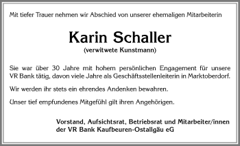 Traueranzeige von Karin Schaller von Allgäuer Zeitung, Marktoberdorf