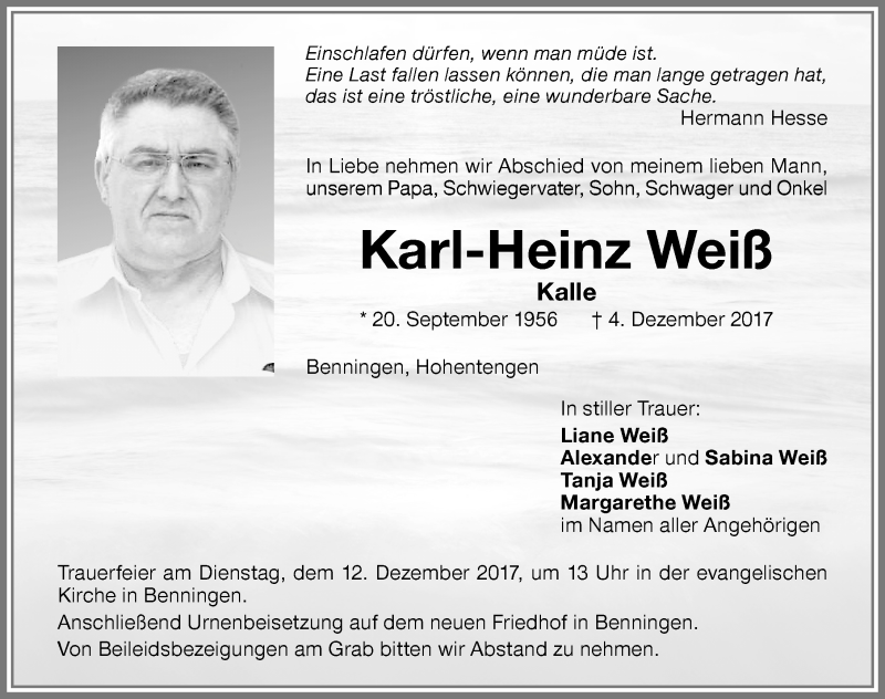  Traueranzeige für Karl-Heinz Weiß vom 08.12.2017 aus Memminger Zeitung