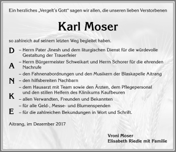 Traueranzeige von Karl Moser von Allgäuer Zeitung, Marktoberdorf