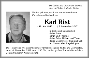 Traueranzeige von Karl Rist von Allgäuer Zeitung,Kempten
