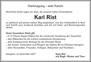 Traueranzeige von Karl Rist von Allgäuer Zeitung,Kempten