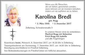 Traueranzeige von Karolina Bredl von Allgäuer Zeitung, Kaufbeuren/Buchloe