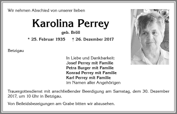 Traueranzeige von Karolina Perrey von Allgäuer Zeitung,Kempten