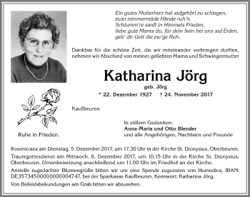 Traueranzeige von Katharina Jörg von Allgäuer Zeitung, Kaufbeuren/Buchloe
