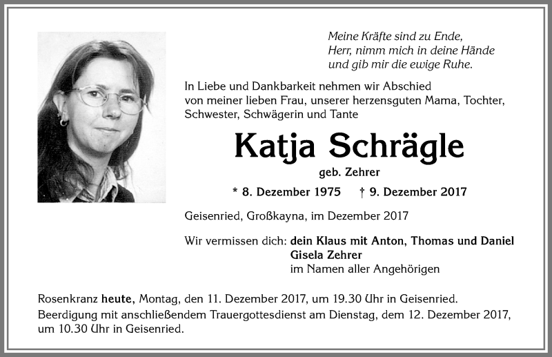  Traueranzeige für Katja Schrägle vom 11.12.2017 aus Allgäuer Zeitung, Marktoberdorf