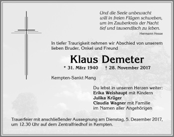 Traueranzeige von Klaus Demeter von Allgäuer Zeitung,Kempten