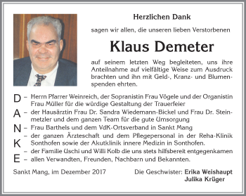 Traueranzeige von Klaus Demeter von Allgäuer Zeitung,Kempten