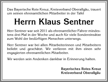 Traueranzeige von Klaus Sentner von Allgäuer Zeitung,Kempten