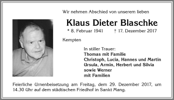 Traueranzeige von Klaus Dieter Blaschke von Allgäuer Zeitung,Kempten